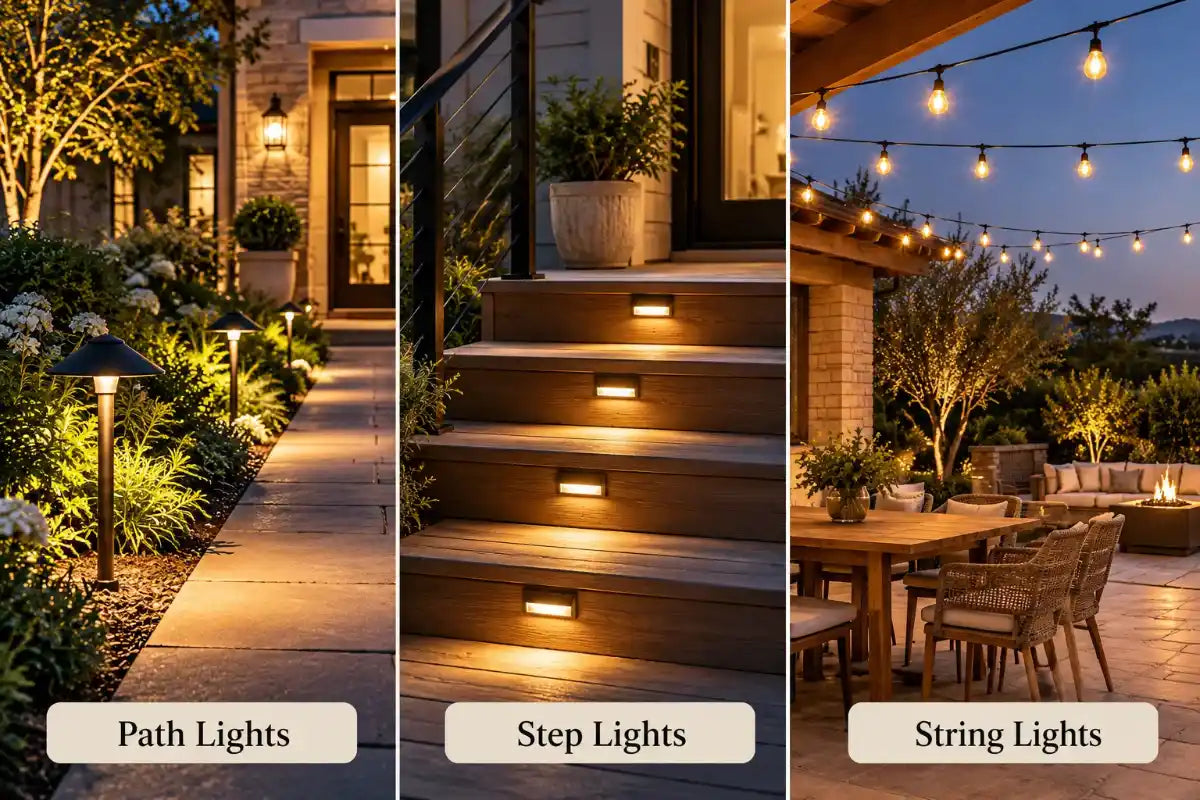 Outdoor lighting comparison showing path lights, step lights, and string lights for safer walkways, stairs, and patio seating