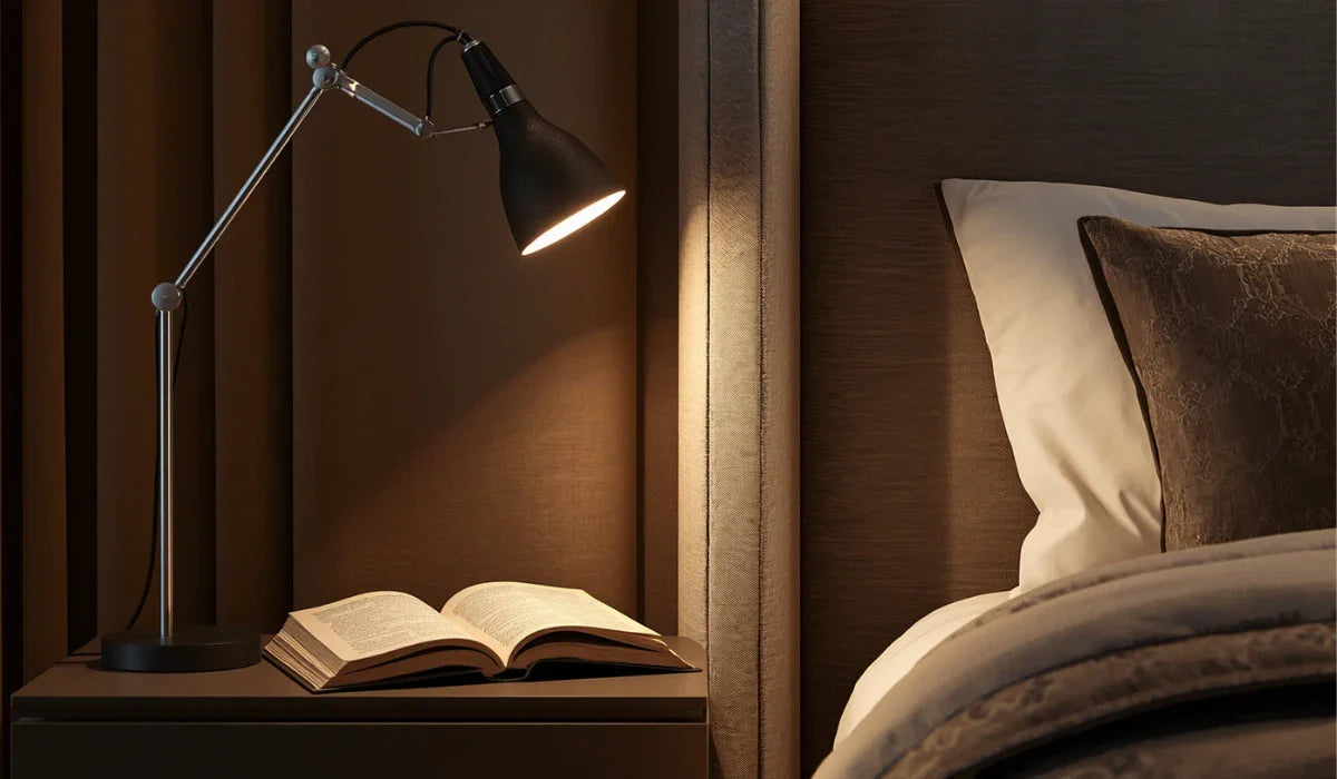 An adjustable bedside reading lamp casts focused light onto an open book on a nightstand beside a bed, showing an ideal setup for comfortable nighttime reading and practical bedroom lighting.