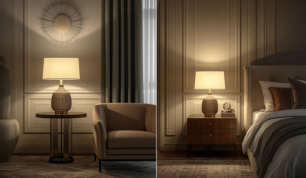 Split-view showing the perfect lamp height for a living room side table and a bedroom nightstand.