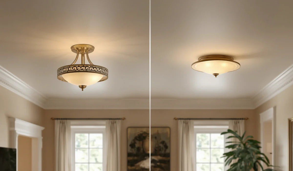 Side-by-side view of semi-flush and flush mount ceiling lights in a traditional room