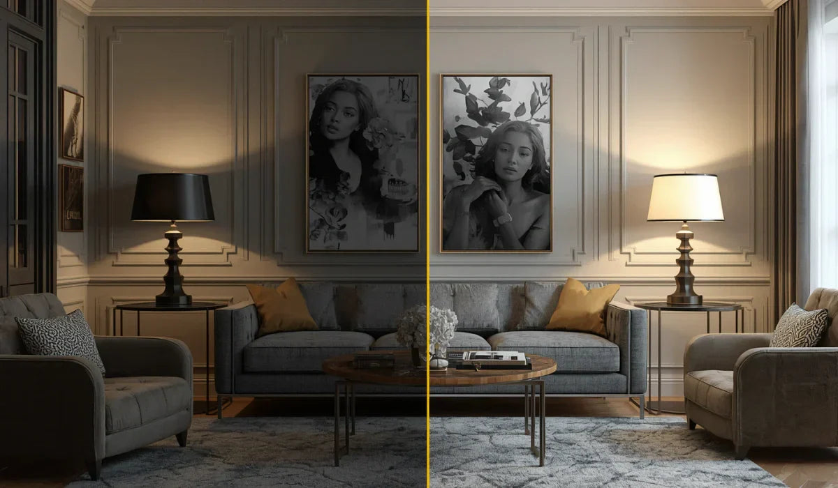 Side-by-side living room comparison showing how the wrong table lamp shade can make a room feel dim while the right lamp improves brightness.