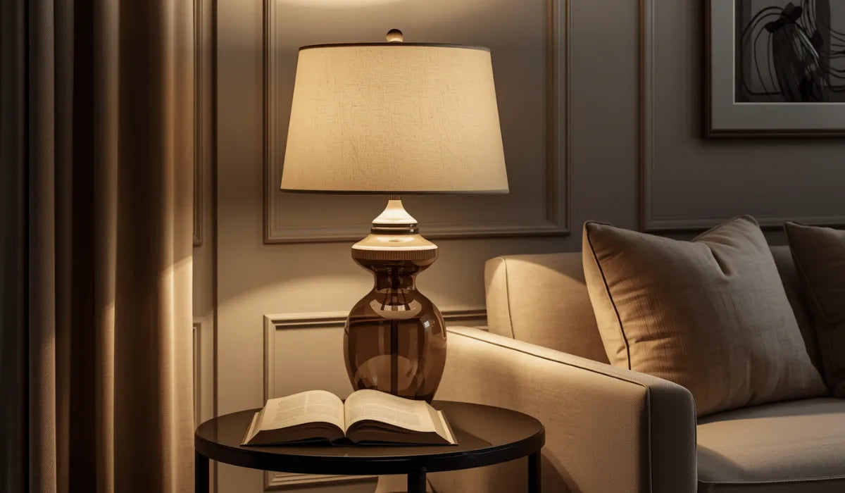 Table lamp with a fabric shade on a side table beside a sofa, providing glare-free lighting for reading and ambient comfort.