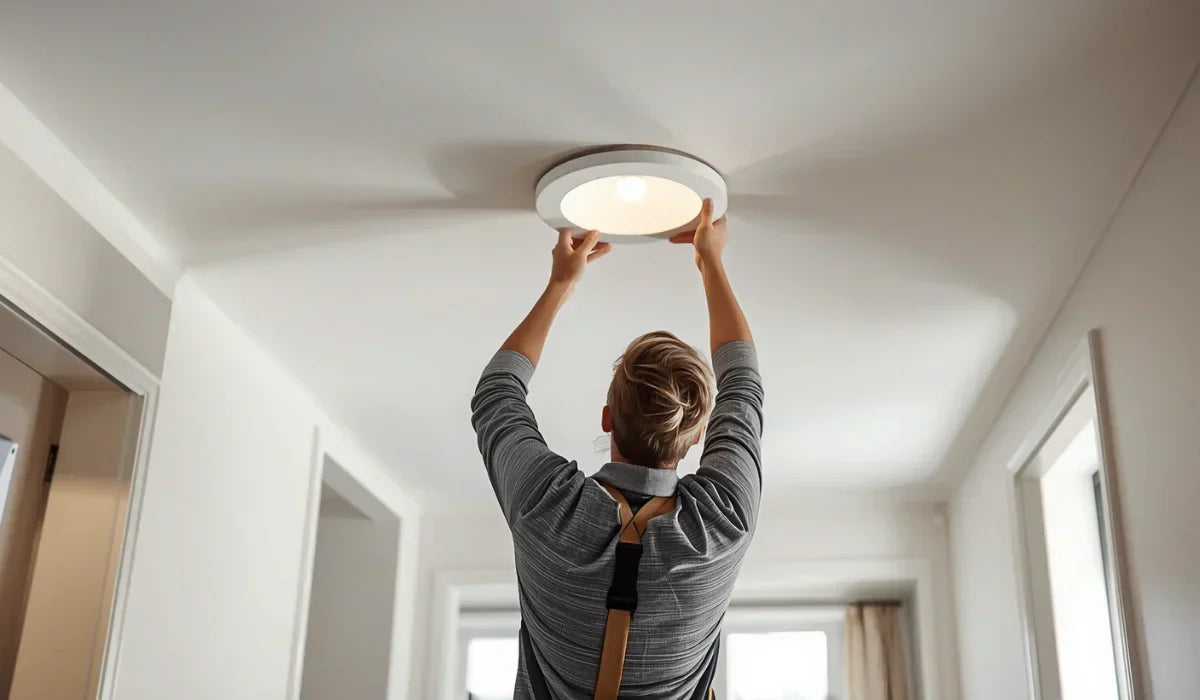 Person installing a round flush mount ceiling light in a bright hallway