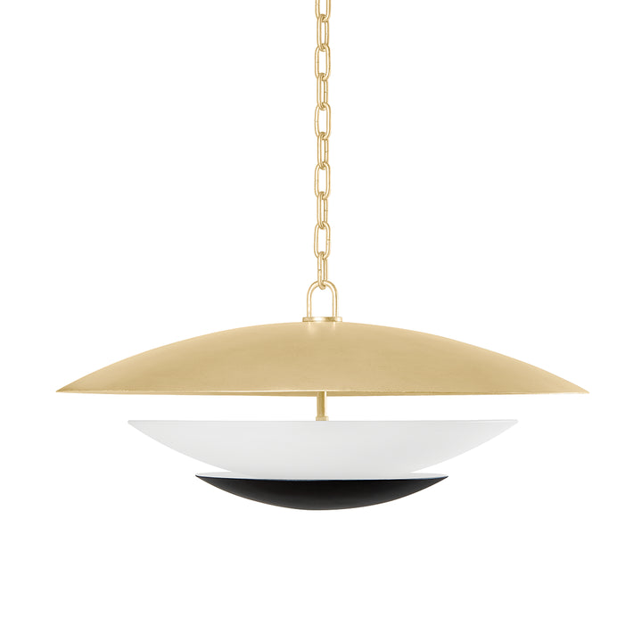 Gold pendant light with a white shade on a white background