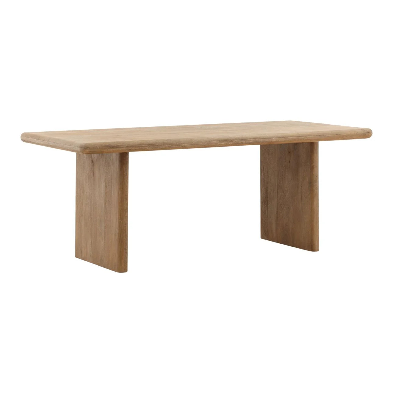 Natural wood bench with thick plank seat and two slab legs, modern rustic style isolated on white background