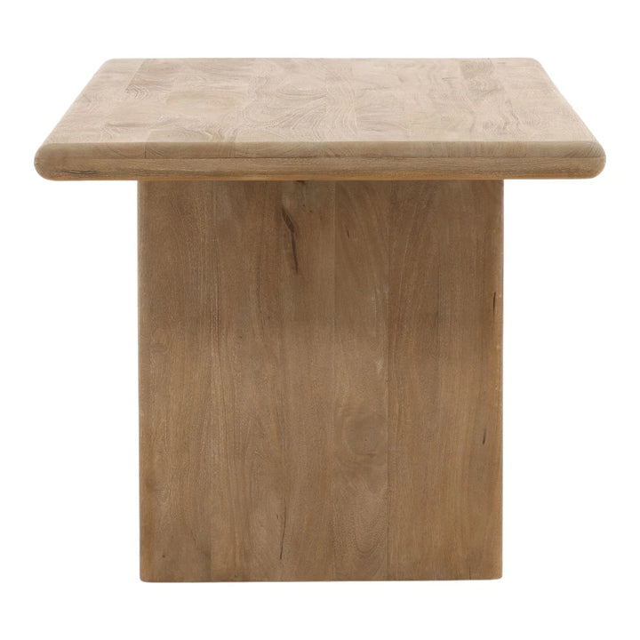 Solid wood pedestal side table with thick rectangular top and natural finish, modern minimalist accent table for living room or bedroom