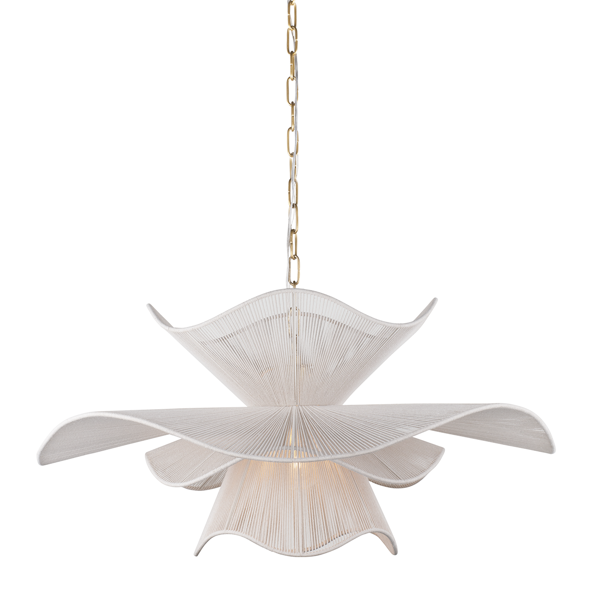 White sculptural pendant chandelier with layered petal shade and gold chain, modern ceiling light on transparent background