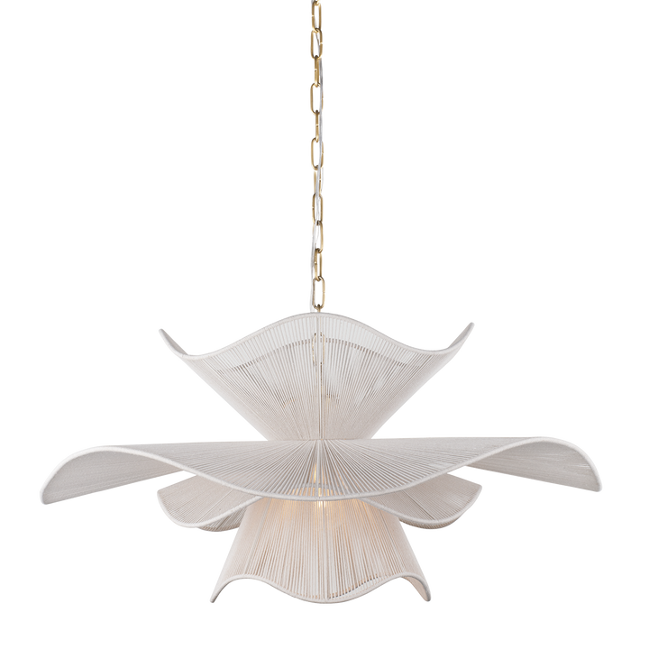 White sculptural pendant chandelier with layered petal shade and gold chain, modern ceiling light on transparent background