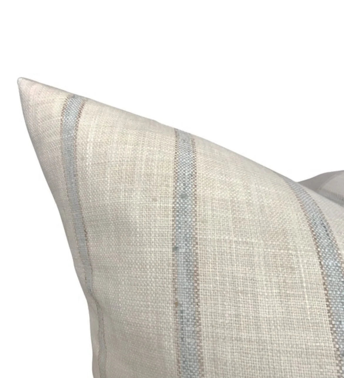 Close up of natural linen throw pillow cover with light blue gray stripe and woven texture