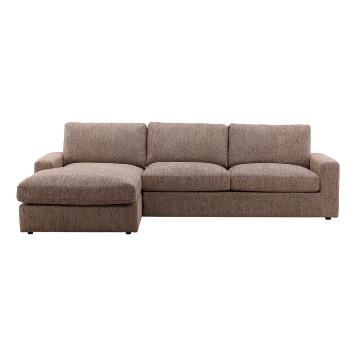 A brown chenille fabric Bryce Chaise sofa with a left-hand chaise section, medium density foam seating, and a sturdy hardwood frame.