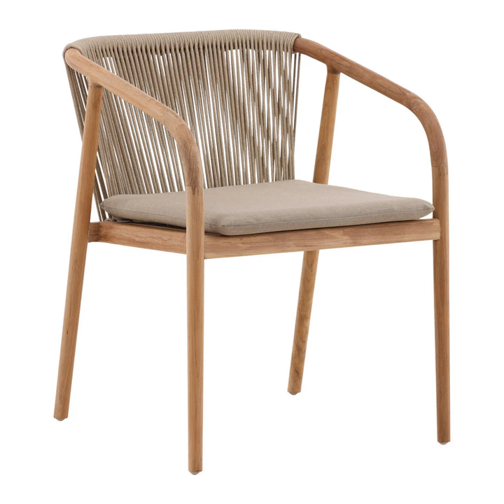 Wood dining chair with woven rope backrest, curved armrests, and beige seat cushion, modern coastal style isolated on white background