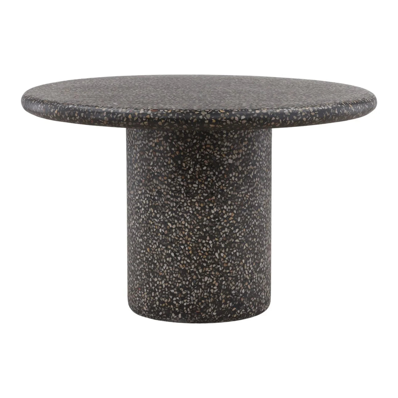 Black terrazzo round side table with pedestal base and speckled stone finish, isolated on white background
