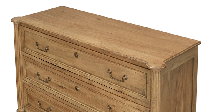 Rustic natural wood dresser with metal drawer pulls, farmhouse bedroom storage chest