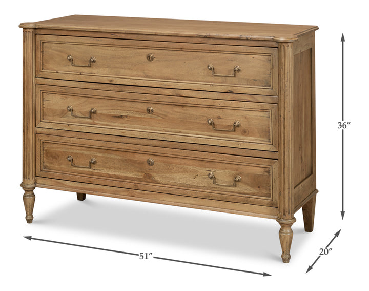 A classic three-drawer chest of drawers made of solid Acacia wood with solid brass hardware, presented in a tan transitional style.