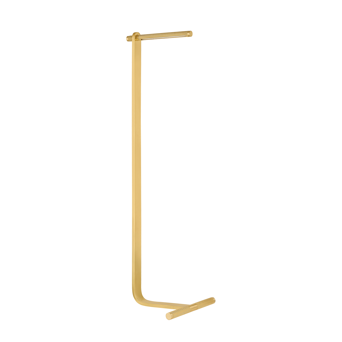A sleek, modern style deptford floor lamp with a gold-colored metal construction and a geometric shade with knurling details.