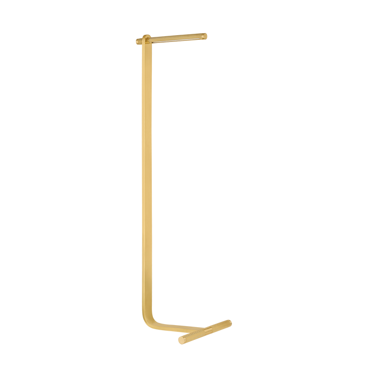 A sleek, modern style deptford floor lamp with a gold-colored metal construction and a geometric shade with knurling details.