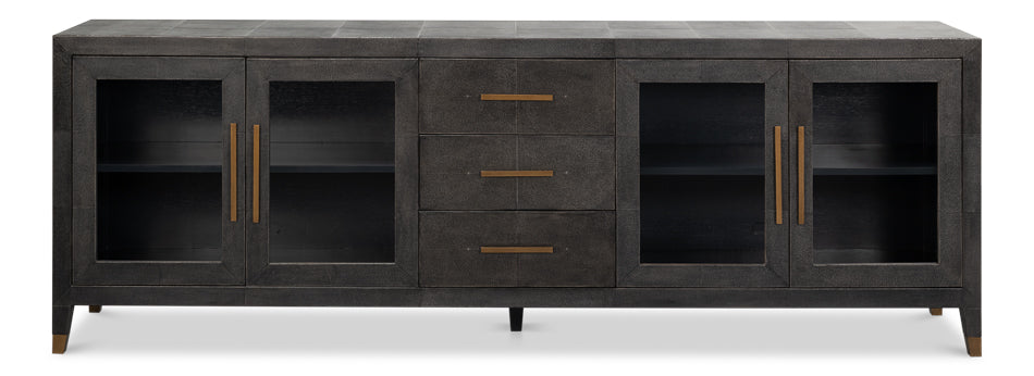 Antique grey blackstone shagreen leather sideboard with brass metal accents and glass doors.