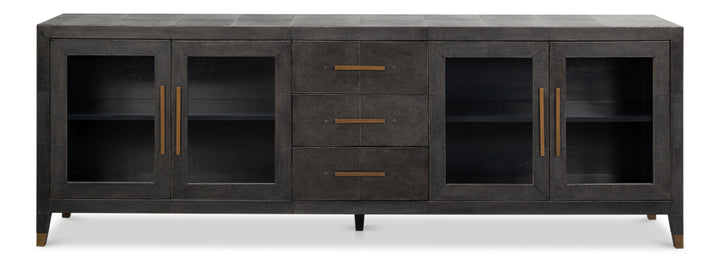 Antique grey blackstone shagreen leather sideboard with brass metal accents and glass doors.