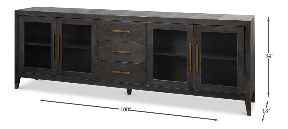 Black modern media console with four glass doors and two center drawers, 100 inch long TV stand with brass hardware and dimensions shown