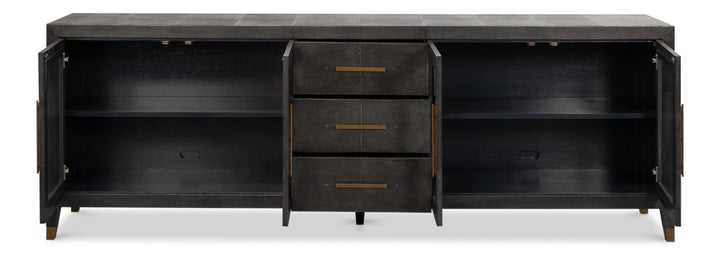 Black storage sideboard cabinet with open doors, adjustable shelves, and three center drawers with brass pulls, isolated on white background