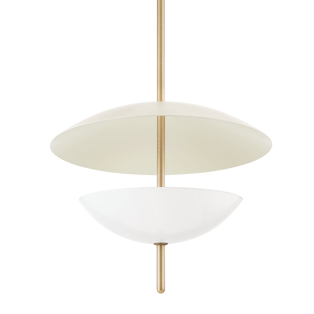 Modern pendant light with white glass shades and gold metal accents on a white background