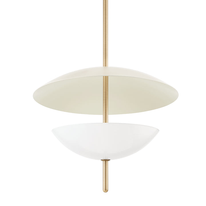 Modern pendant light with white glass shades and gold metal accents on a white background