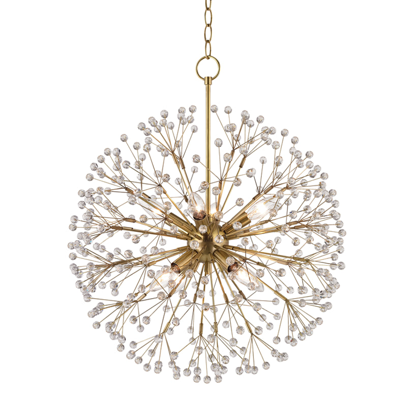 Gold sputnik chandelier pendant with crystal bead tips and multiple light arms, modern starburst ceiling fixture on white background