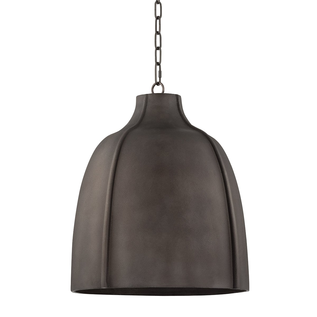 A black ceiling-mounted pendant light with a textured shade made of cast aluminum.