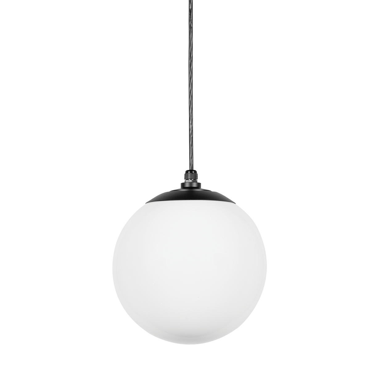 An RLM Outdoor Pendant light with a white dome shape suspended by a black cord against a transparent background.