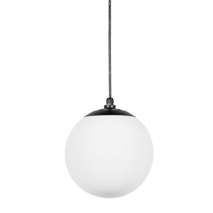 An RLM Outdoor Pendant light with a white dome shape suspended by a black cord against a transparent background.