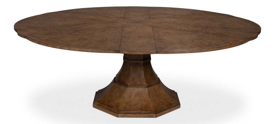 Round wood pedestal dining table in warm brown finish