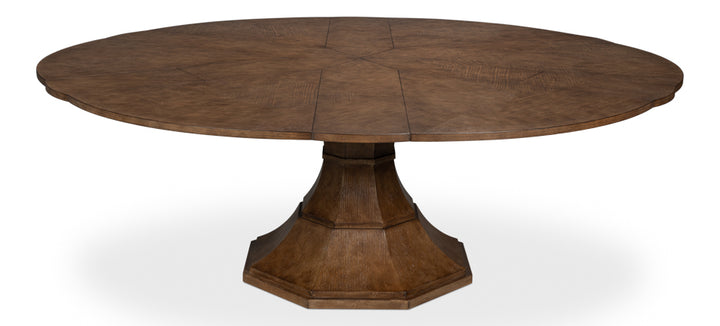 Round wood pedestal dining table in warm brown finish