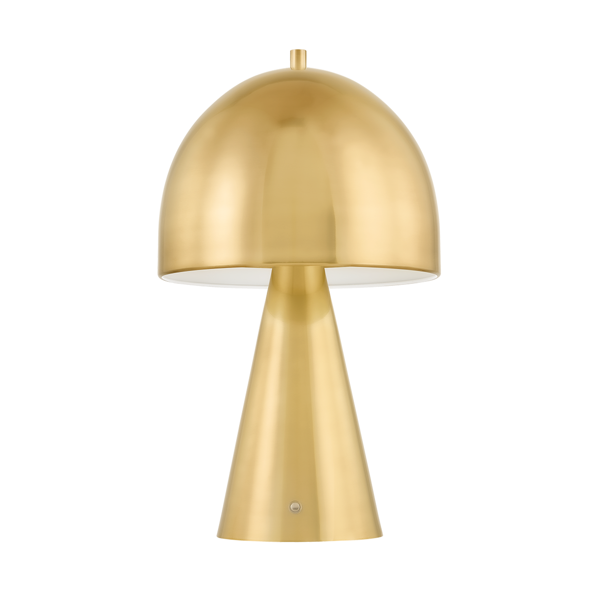 Gold mushroom table lamp with dome shade and tapered metal base, modern brass accent lamp isolated on transparent background