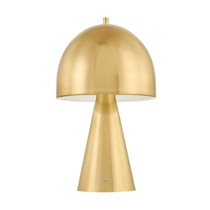 Gold mushroom table lamp with dome shade and tapered metal base, modern brass accent lamp isolated on transparent background