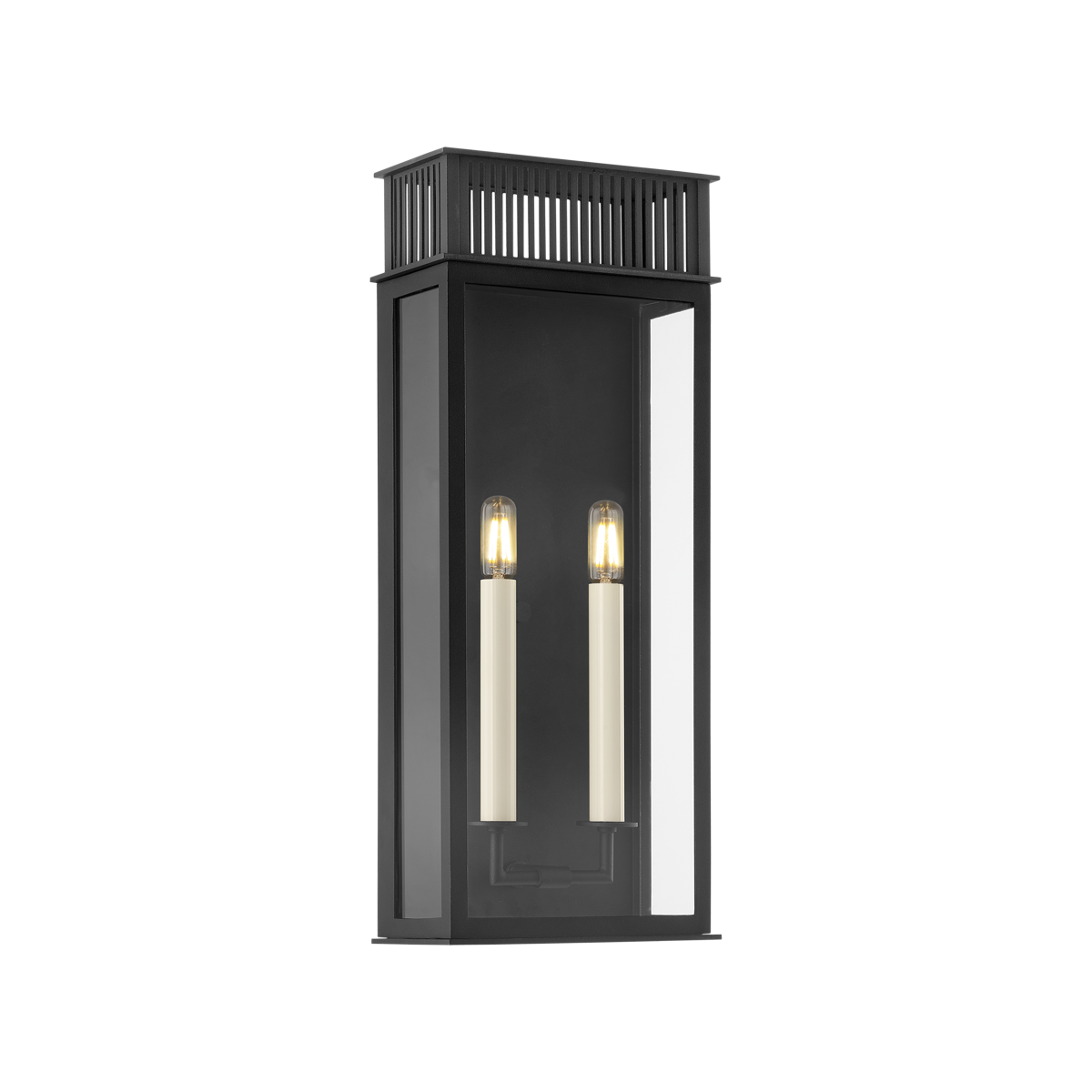 A vintage-inspired outdoor wall light with a clear glass shade and a vented roof, in a textured black finish.