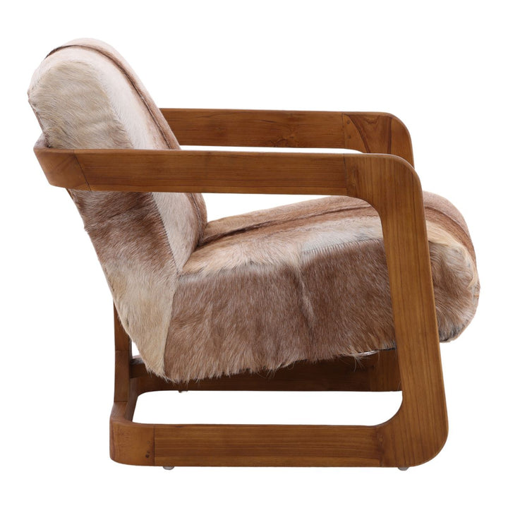 Wooden lounge chair with cowhide upholstery, modern armchair side view with curved wood frame