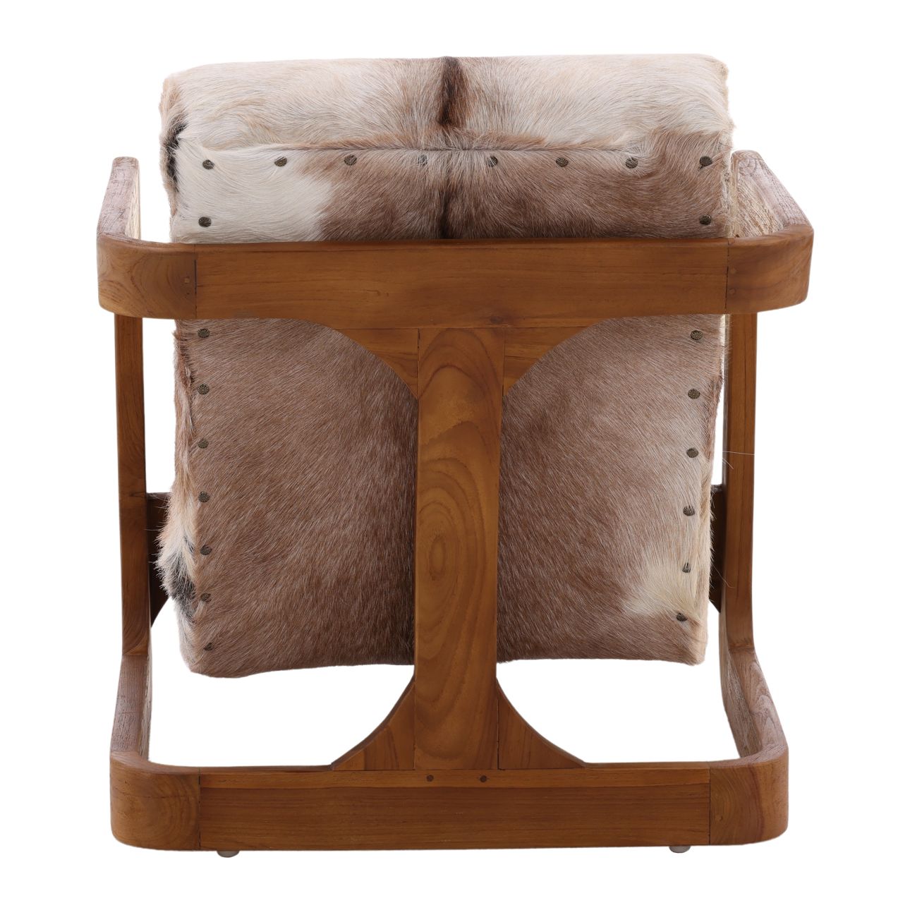 Wood accent chair with cowhide upholstery rear view