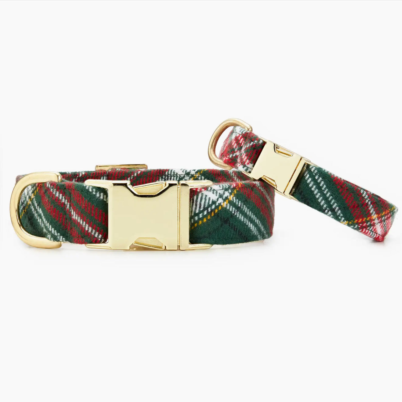Green and red plaid dog collar featuring a gold buckle, designed for style and durability.