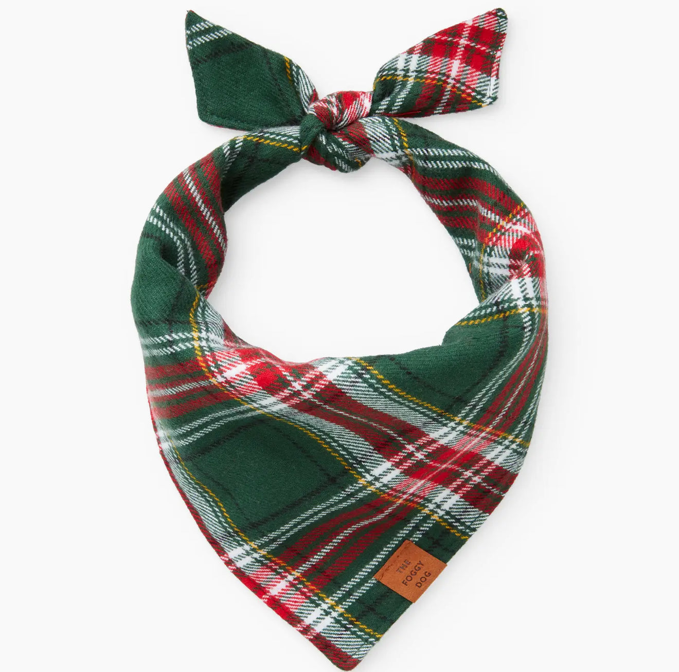 A plaid bandana in green and red, elegantly tied into a bow, perfect for adding flair to any outfit.