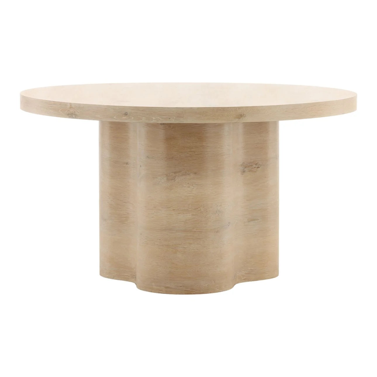 A round oak veneer dining table with a light natural finish, viewed from a slightly elevated angle.