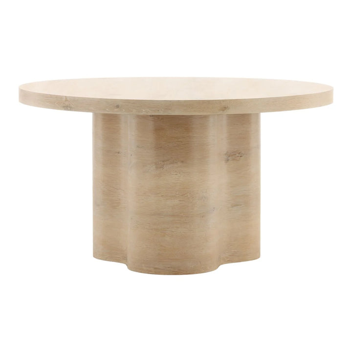A round oak veneer dining table with a light natural finish, viewed from a slightly elevated angle.
