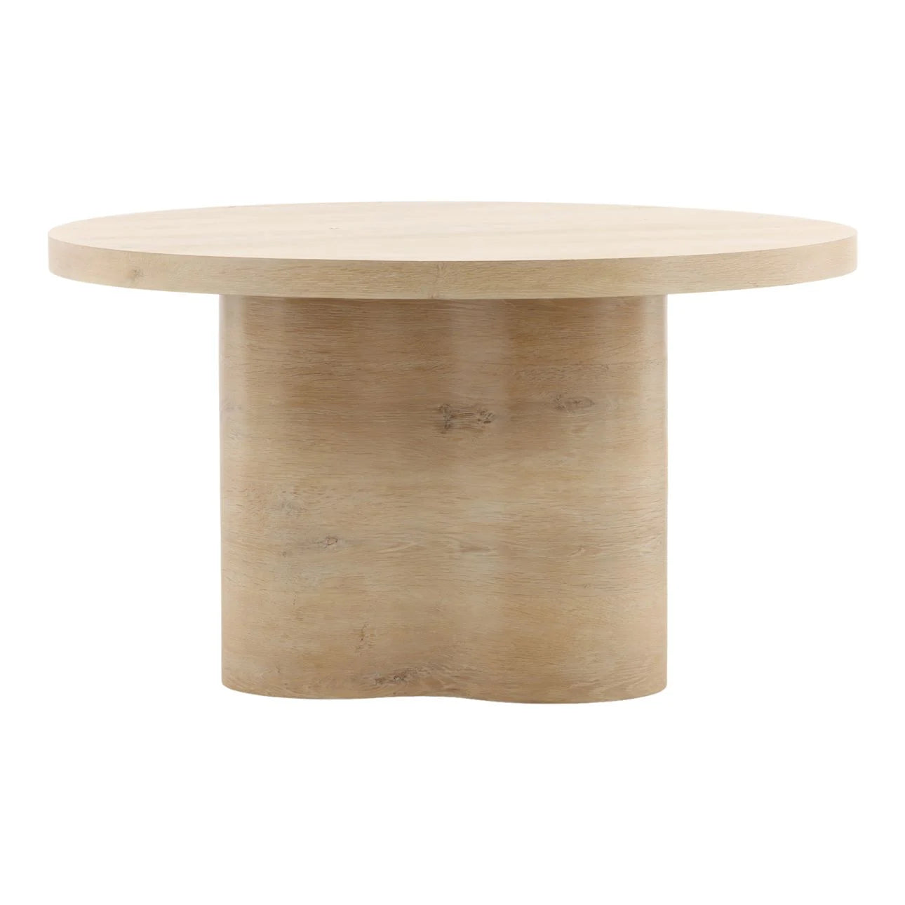 Light oak round dining table with thick circular top and wide pedestal base, minimalist wood table isolated on white background