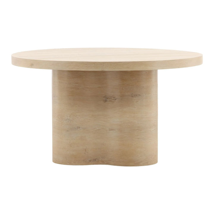 Light oak round dining table with thick circular top and wide pedestal base, minimalist wood table isolated on white background