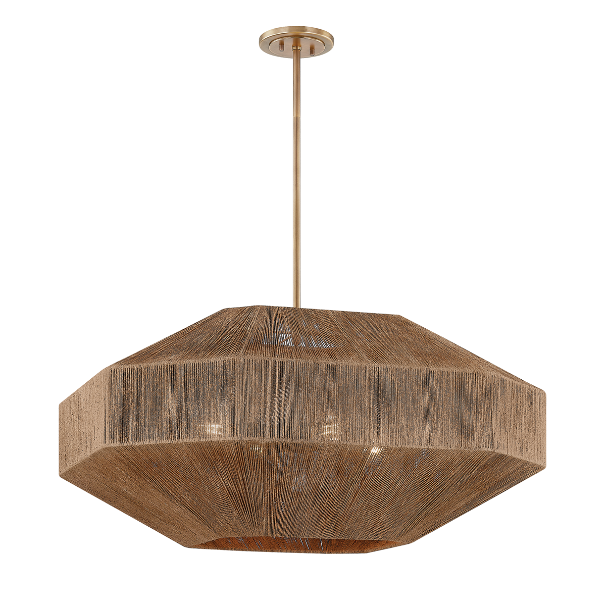 Geometric woven string pendant chandelier in natural brown with brass stem and warm exposed bulbs, modern ceiling light fixture