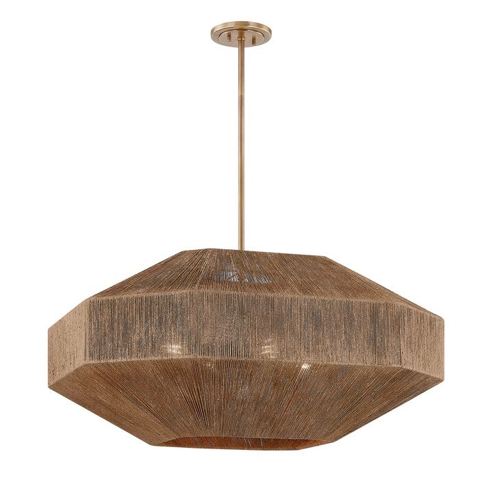Geometric woven string pendant chandelier in natural brown with brass stem and warm exposed bulbs, modern ceiling light fixture