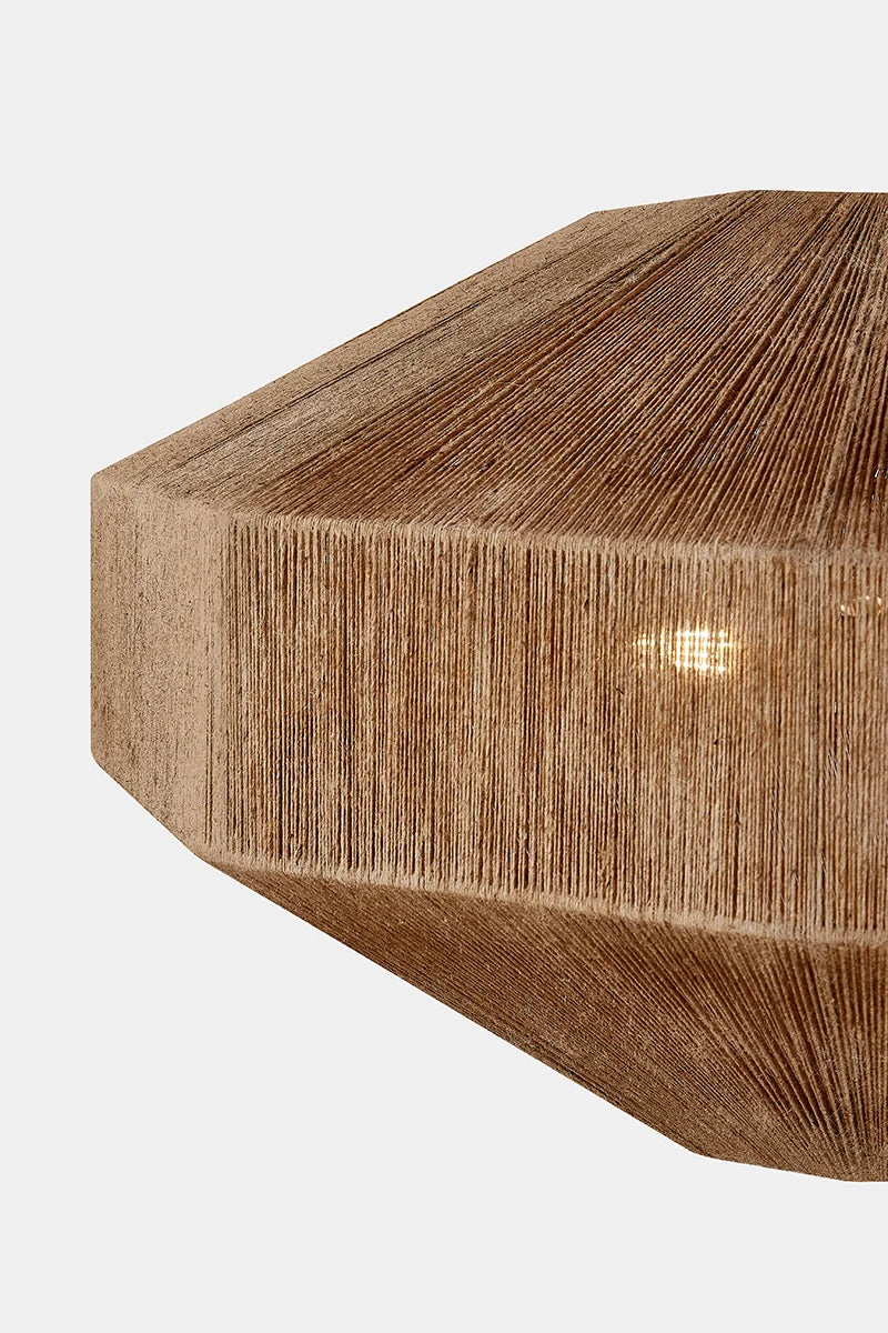 Close up of woven string pendant light shade in natural brown, showing textured corner detail