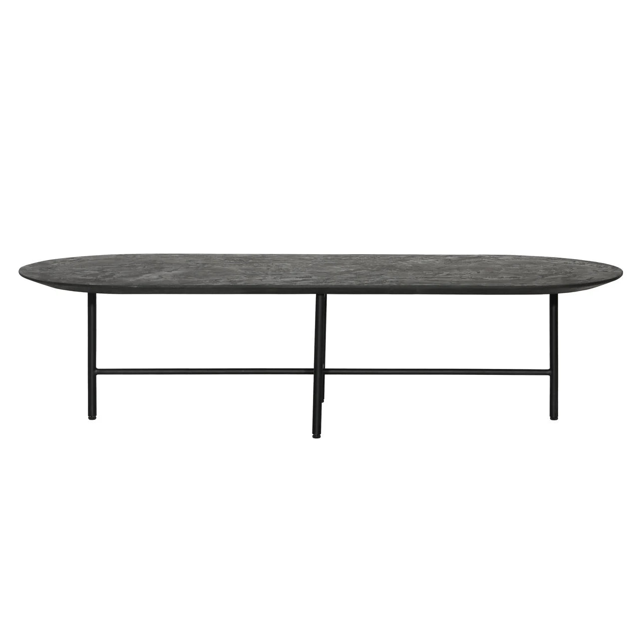 An oval-shaped coffee table with a black metal base and a textured plaster cement finish.