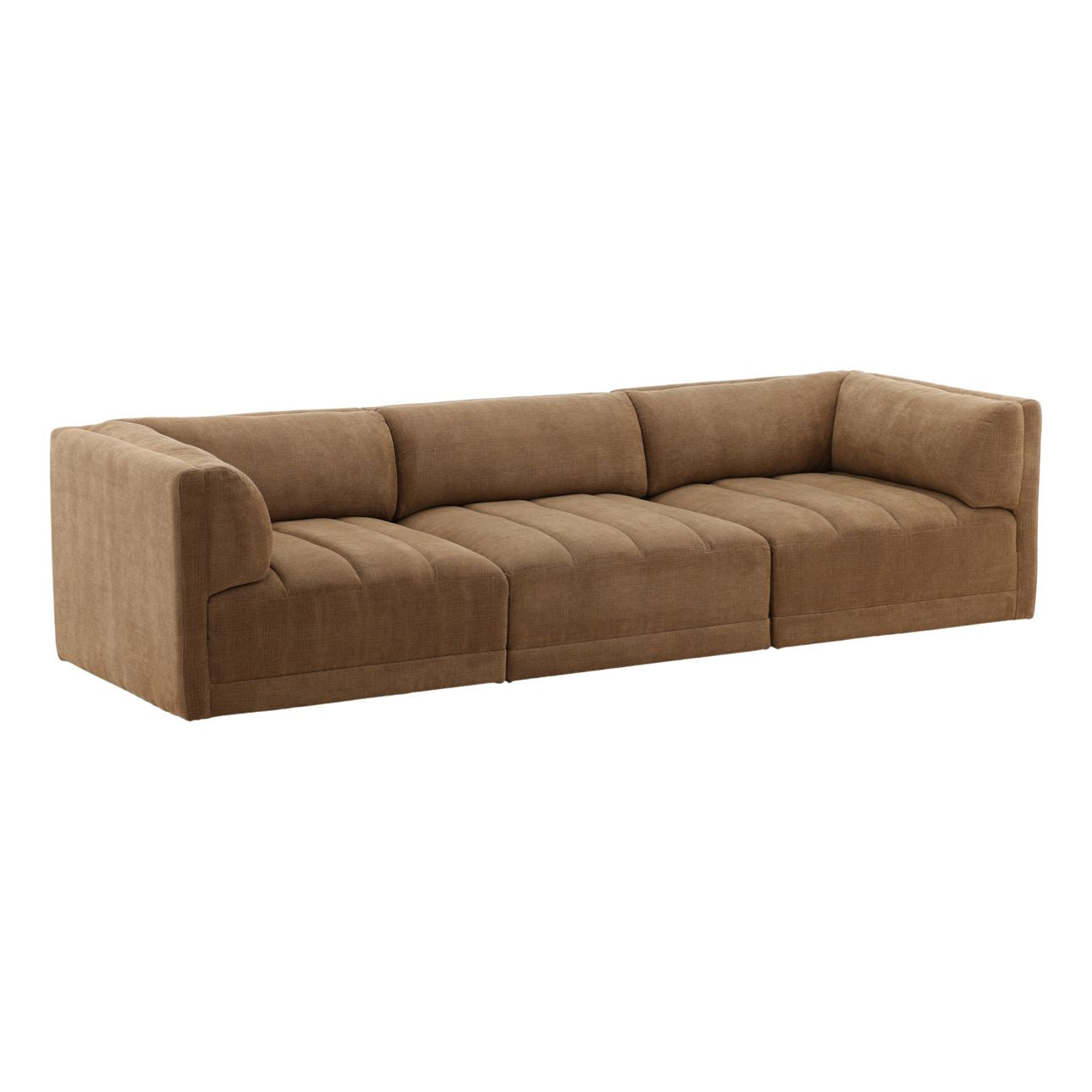 A brown fabric upholstered Magda sofa with a contemporary design, featuring a low profile and cushioned armrests.