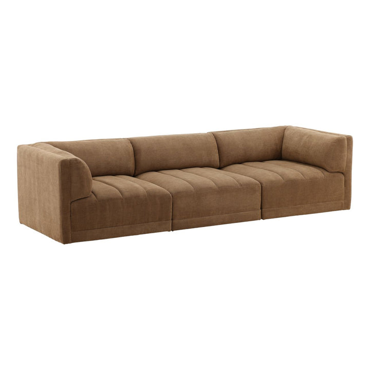 A brown fabric upholstered Magda sofa with a contemporary design, featuring a low profile and cushioned armrests.