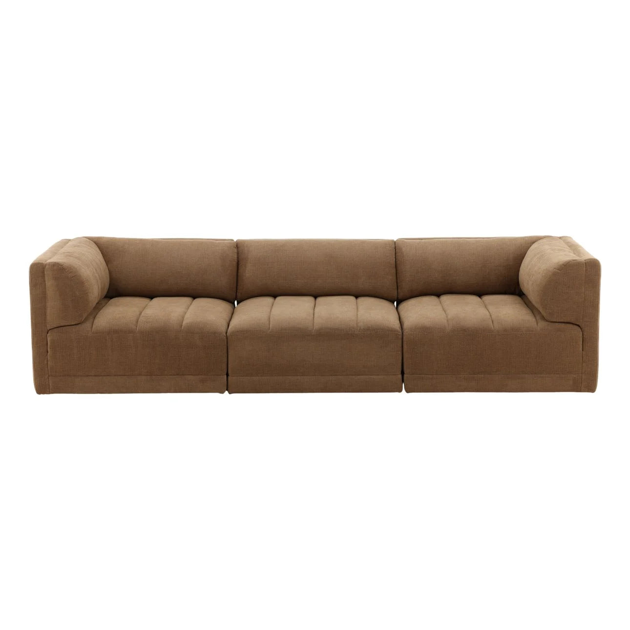 Brown upholstered modular sofa with three seat cushions and rounded arms, modern low-profile couch isolated on white background